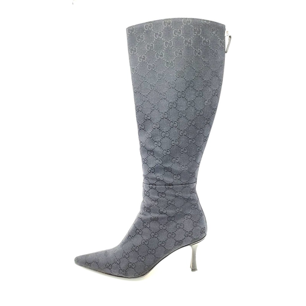 GUCCI Boots GG Logo Black Canvas Tall Heeled Shoes EU 38.5